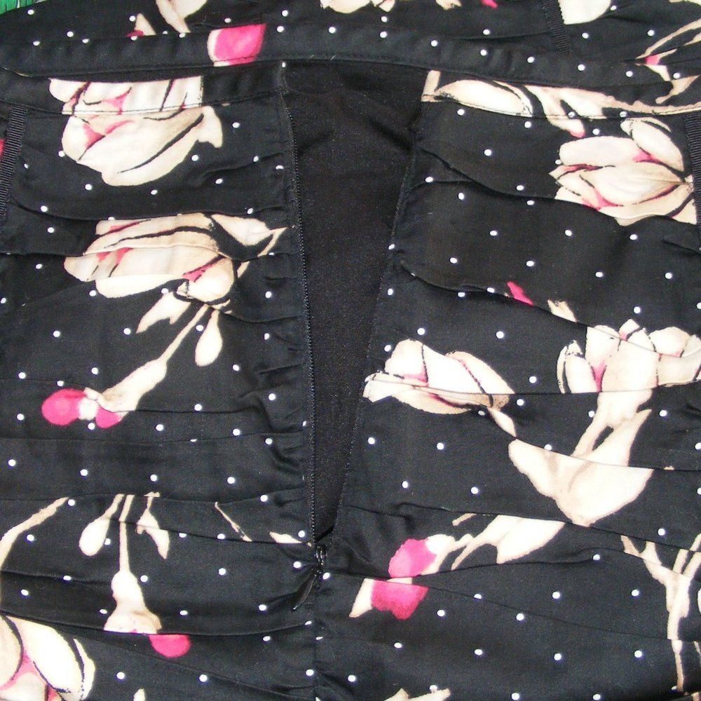 WHBM Skirt, 8, Black/Tan & Pink Floral/White Polka Dots, Ruched, Romantic,wiggle - Picture 6 of 10